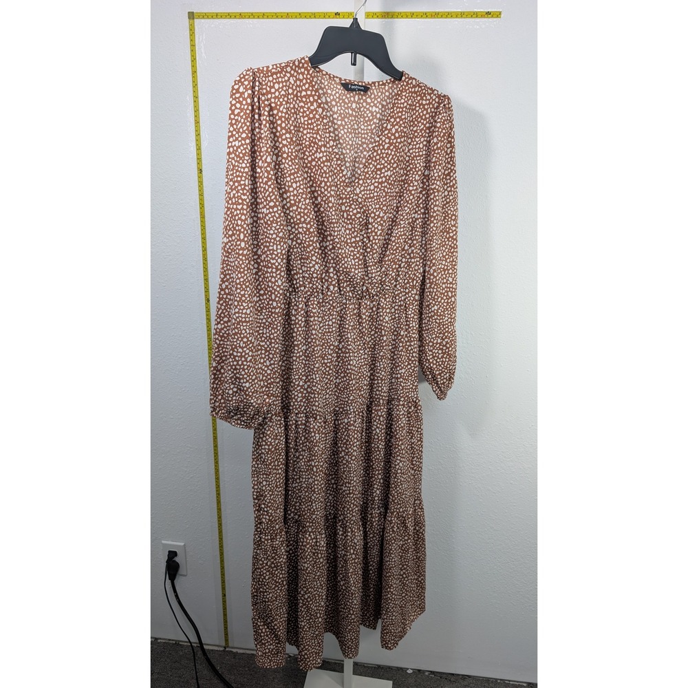 Fashion‎ Rust Brown White Spotted Animal Print Long Sleeve Tiered Midi Dress S